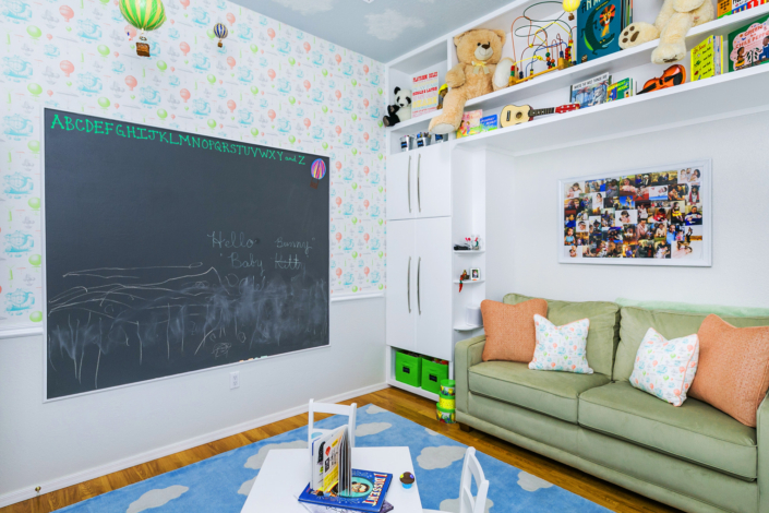 A Grandkid's Dream: Chalkboard, couch, and storage.